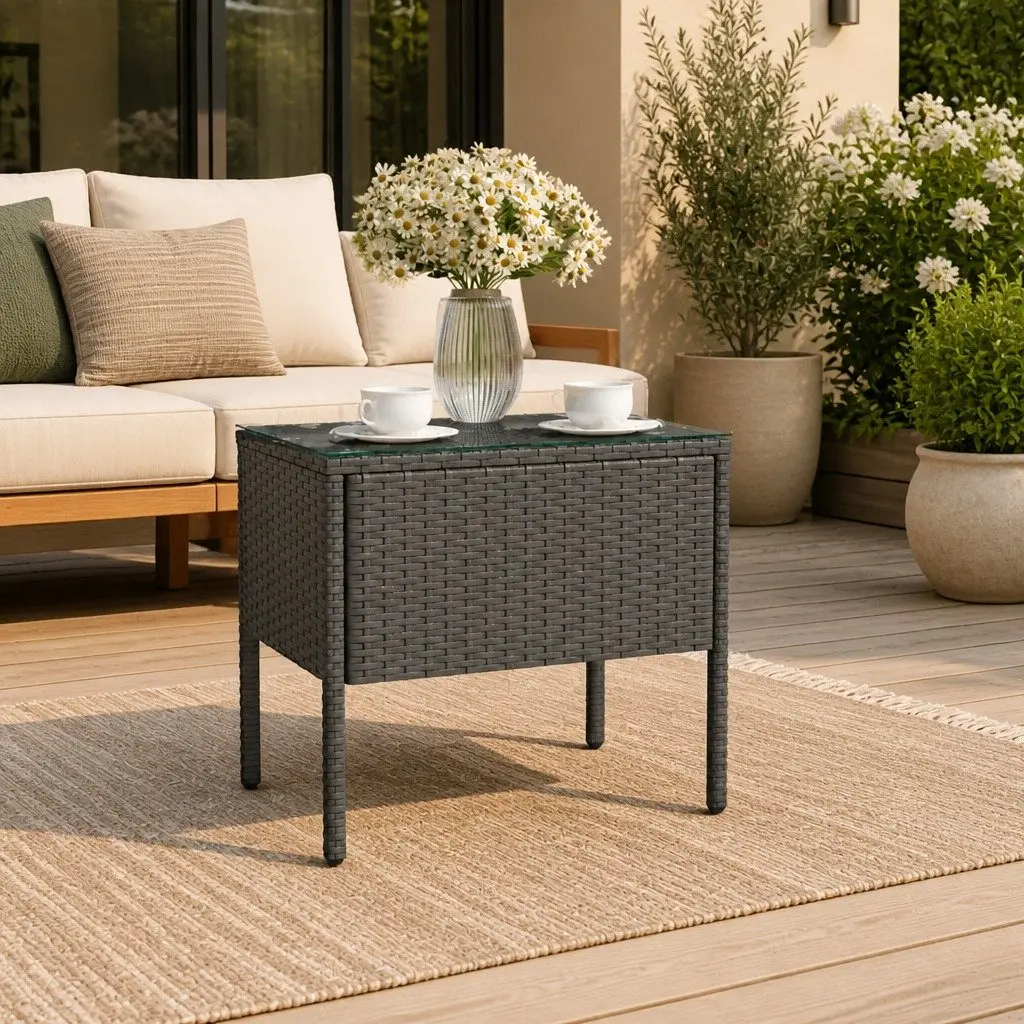 Rattan Frame End Table Black 53x37x48cm Tempered Glass Indoor Outdoor Accent Table