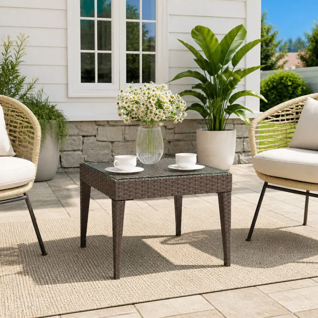 Brown Side Table 50x50x38cm Poly Rattan Tempered Glass Indoor Outdoor Furniture