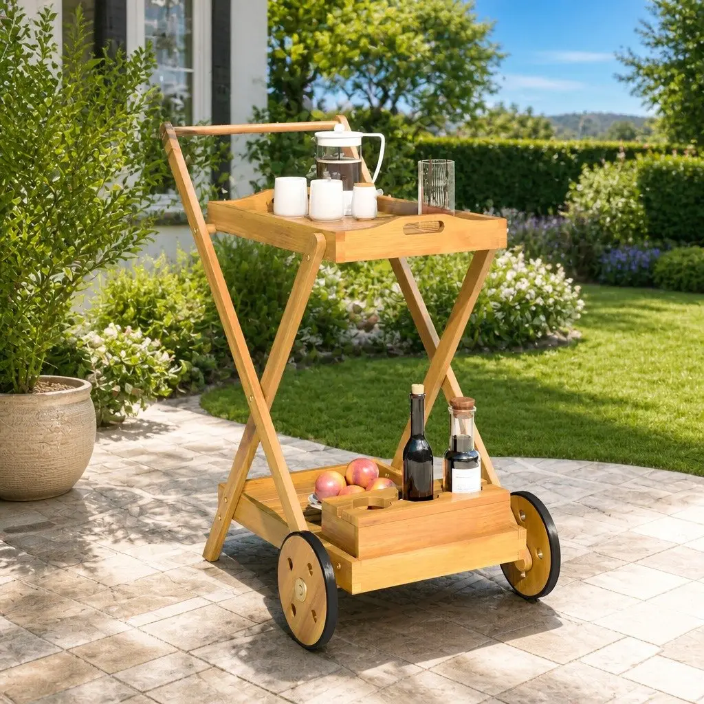 Tea Trolley Brown 54x87x90cm 2-Tier Solid Acacia Wood with Wheels