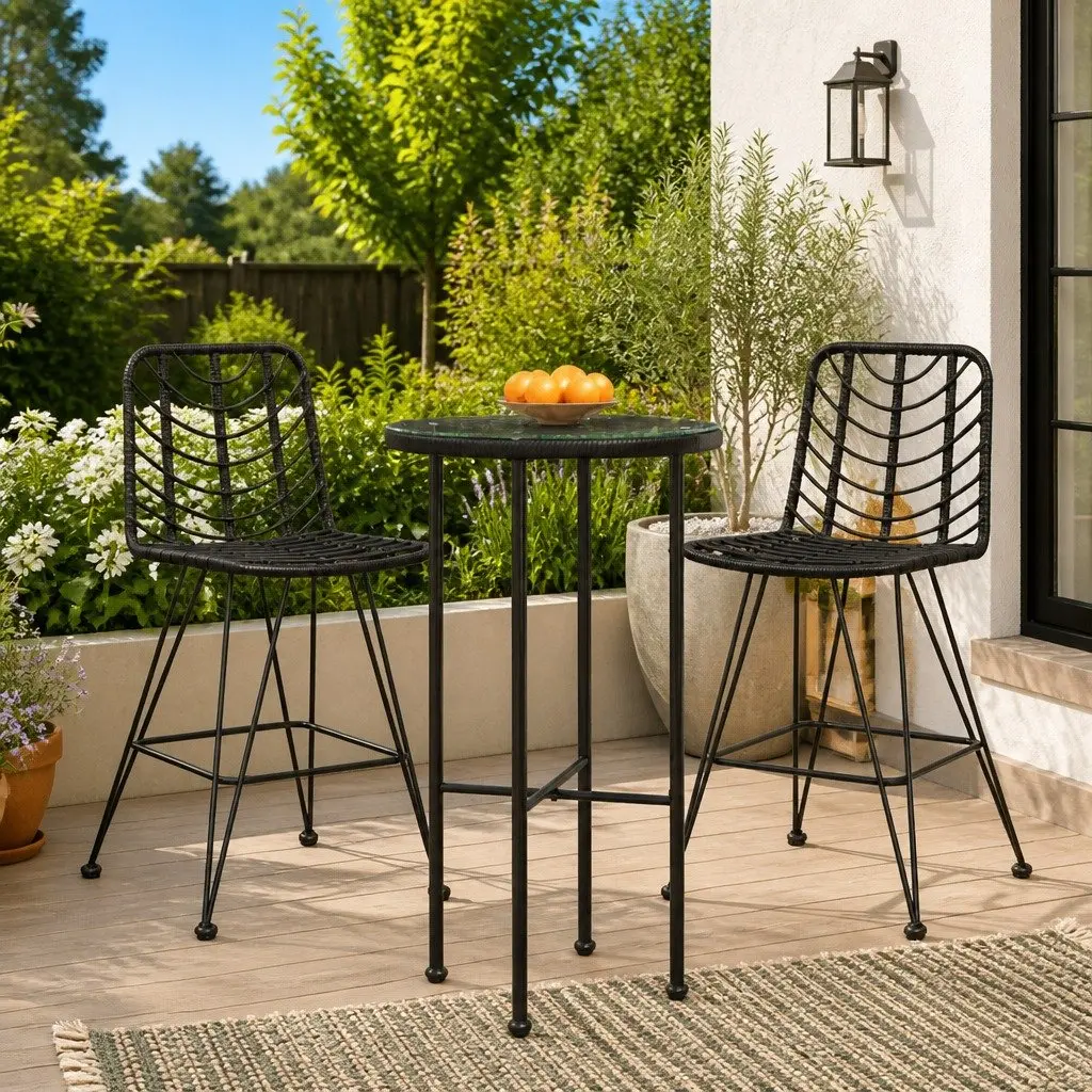 Outdoor Bar Stools Black 2 Piece High Chair Backrest UV Resistant PE Rattan Steel Frame
