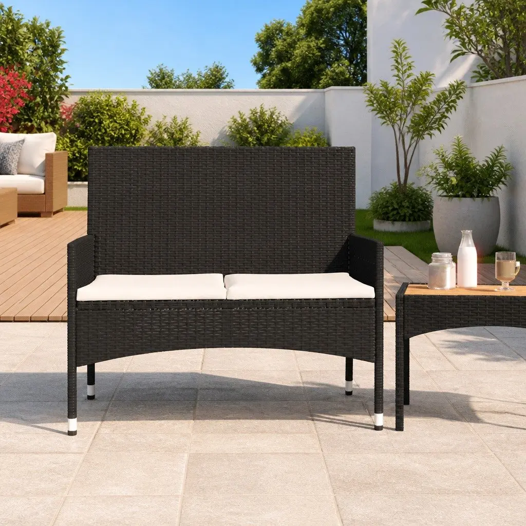 2-Seater Black Garden Bench Outdoor Furniture with Cushions Poly Rattan Patio Seating