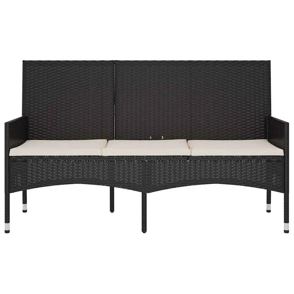 3-Seater Garden Bench Black Poly Rattan Removable Cushions Outdoor Lounge Seating