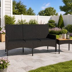 3-Seater Outdoor Garden Bench Black Poly Rattan with Cushions Armrest Backrest