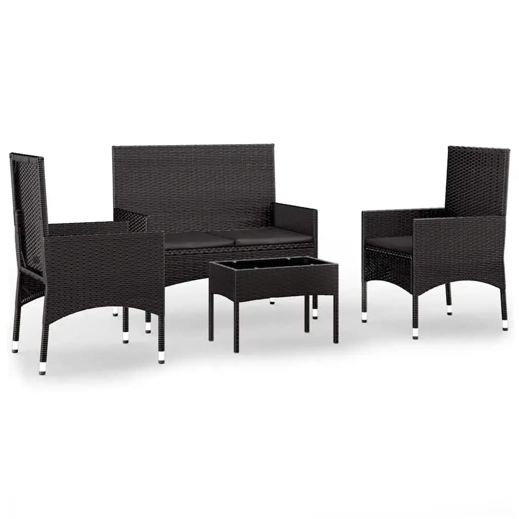 Garden Lounge Set 4 Piece Outdoor Furniture Black Poly Rattan with Cushions