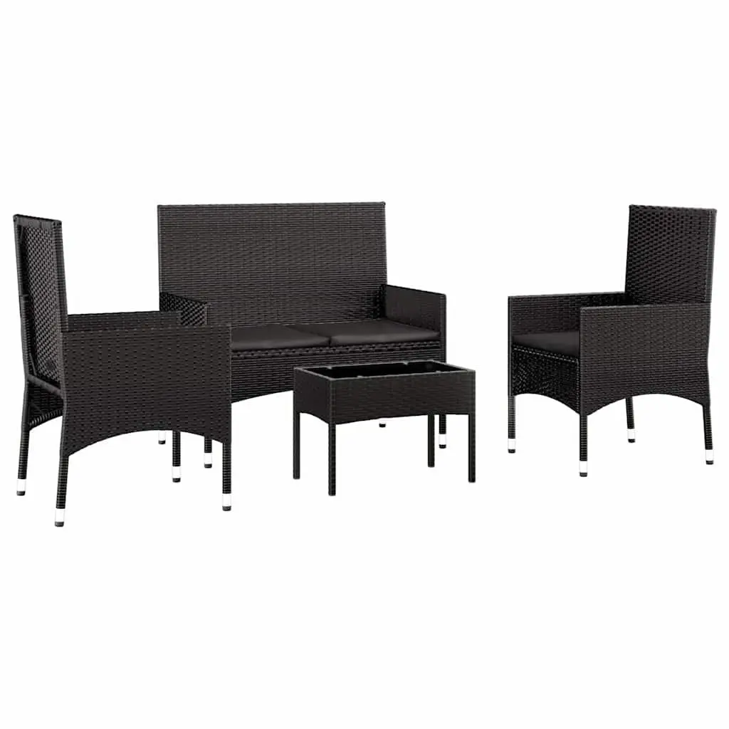 Garden Lounge Set 4 Piece Outdoor Furniture Black Poly Rattan with Cushions