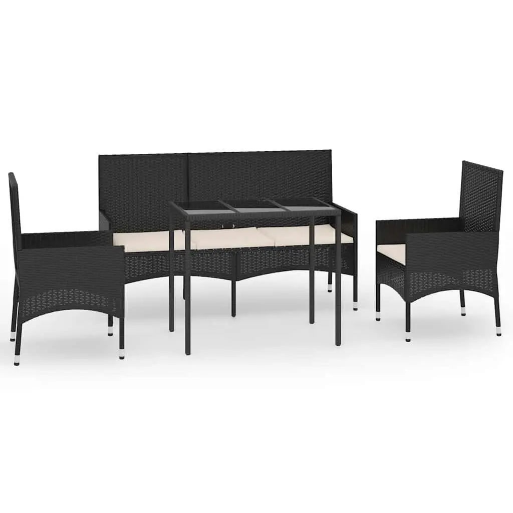 Garden Lounge Set 4 Piece Outdoor Furniture Black Poly Rattan with Cushions