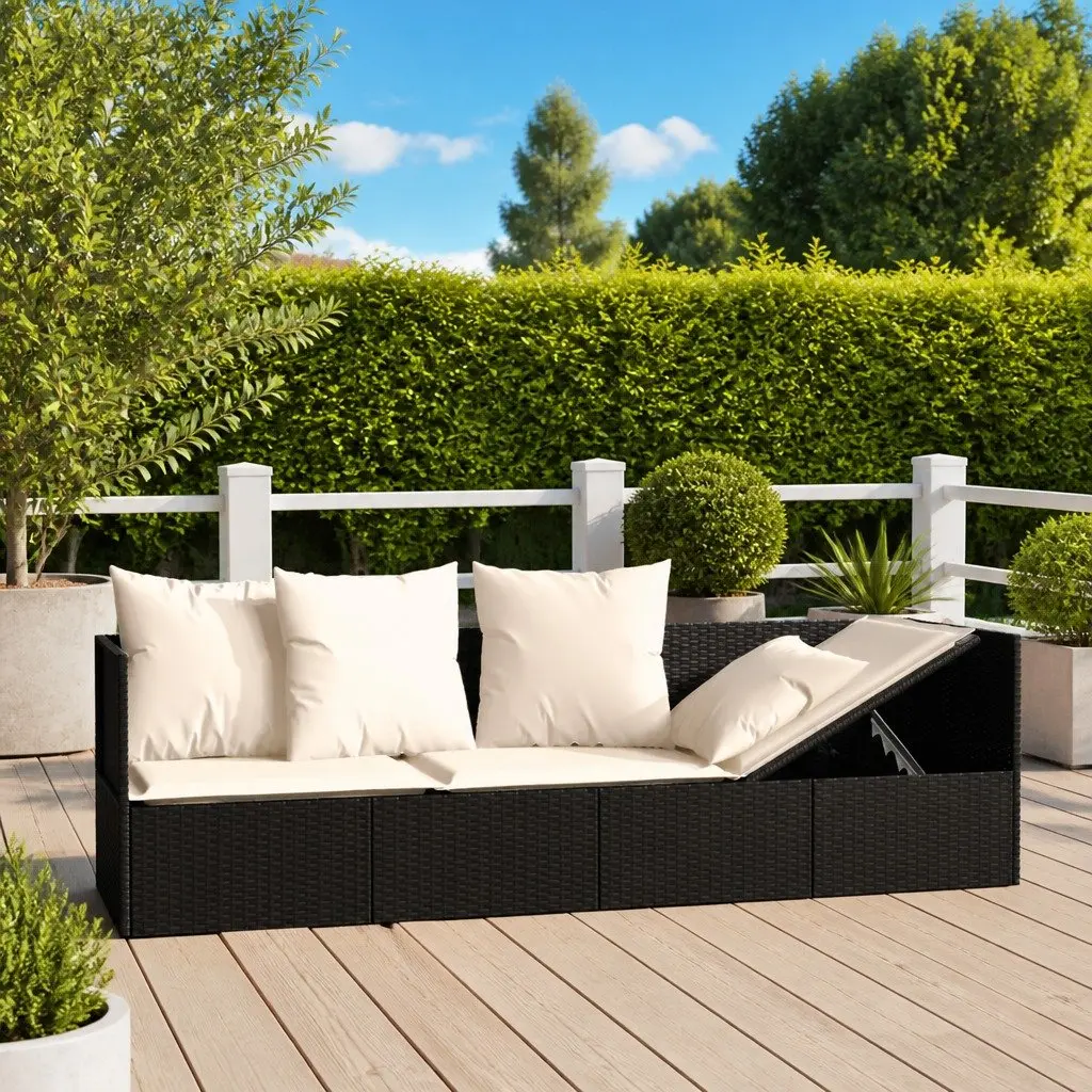 Outdoor Lounge Bed with Cushions Black Poly Rattan Adjustable Sun Lounger Patio