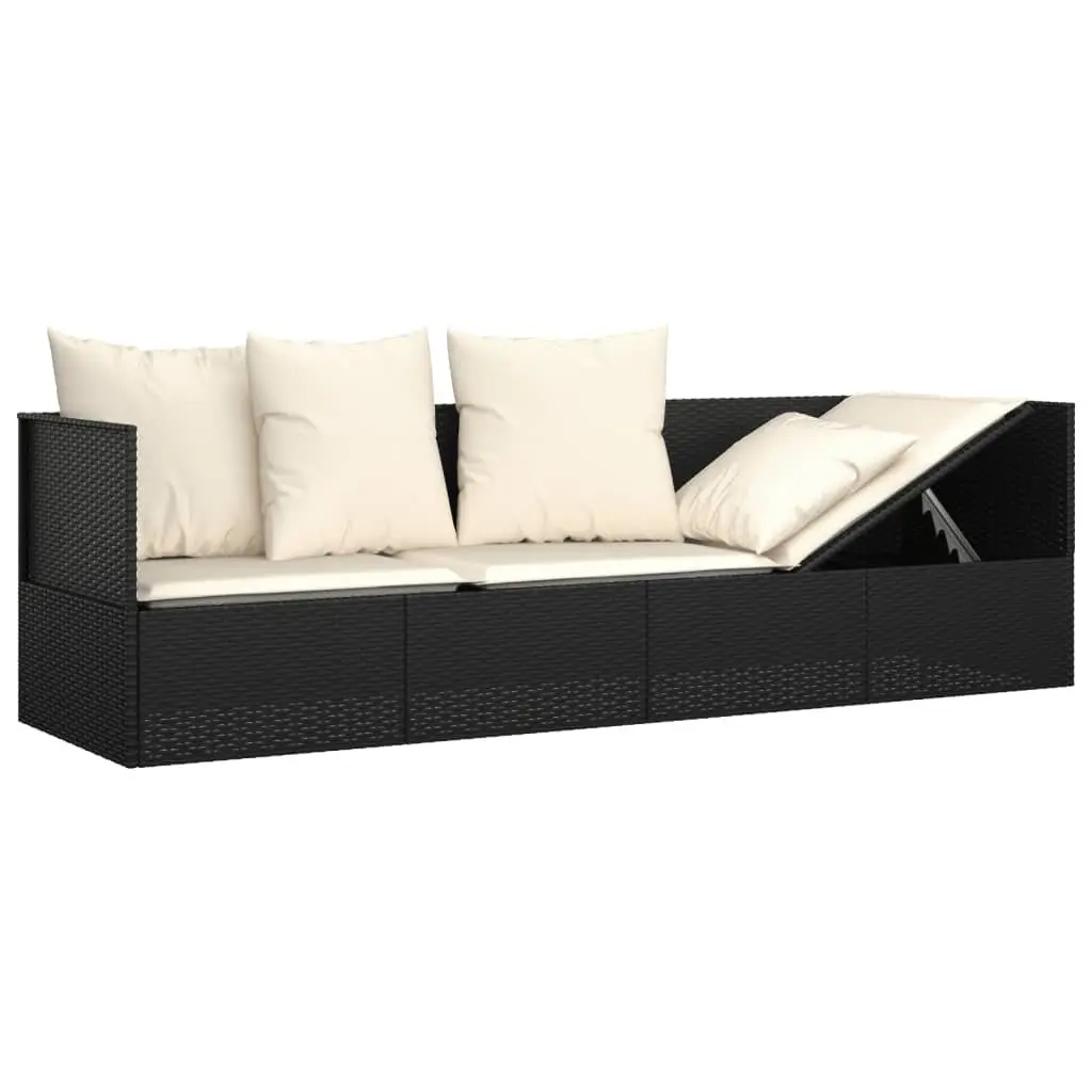 Outdoor Lounge Bed with Cushions Black Poly Rattan Adjustable Sun Lounger Patio