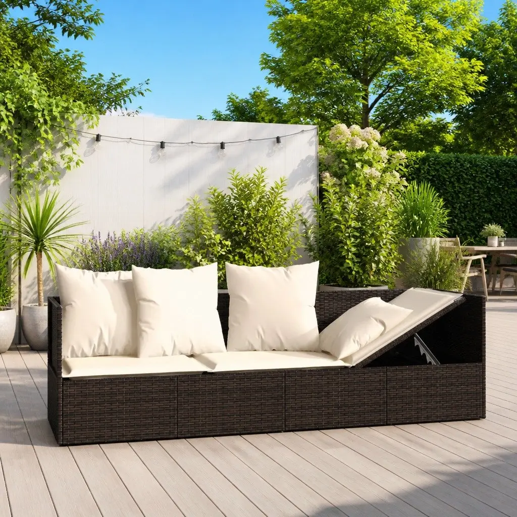 Outdoor Lounge Bed Sun Lounger Adjustable Backrest Poly Rattan Cushions Brown