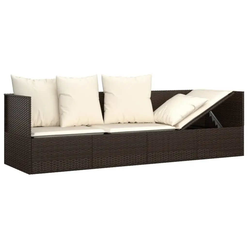 Outdoor Lounge Bed Sun Lounger Adjustable Backrest Poly Rattan Cushions Brown