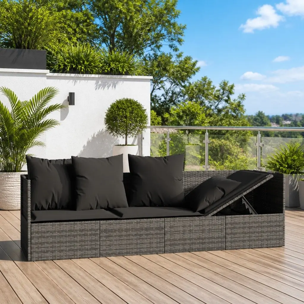 Adjustable Grey Poly Rattan Outdoor Lounge Bed with Cushions for Garden