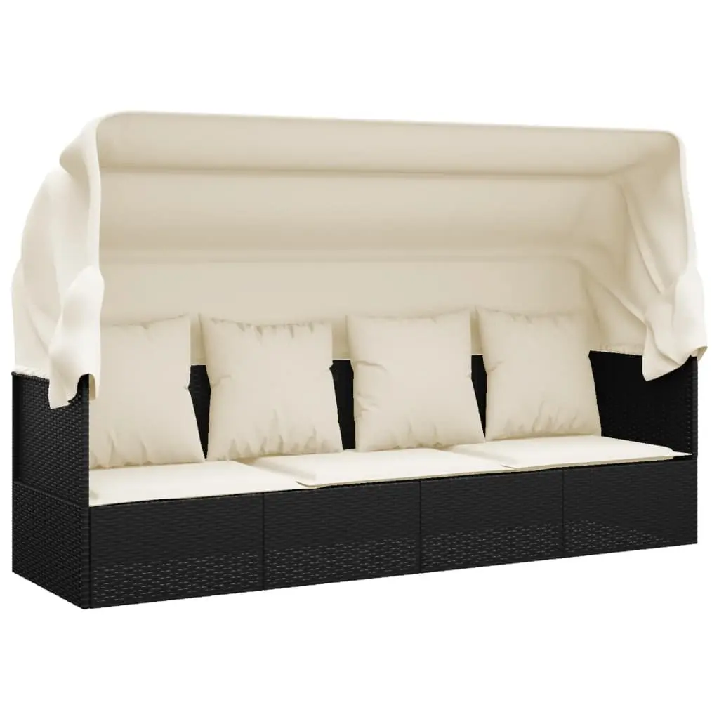 Outdoor Lounge Bed Sun Lounger with Adjustable Roof Cushions Black Poly Rattan