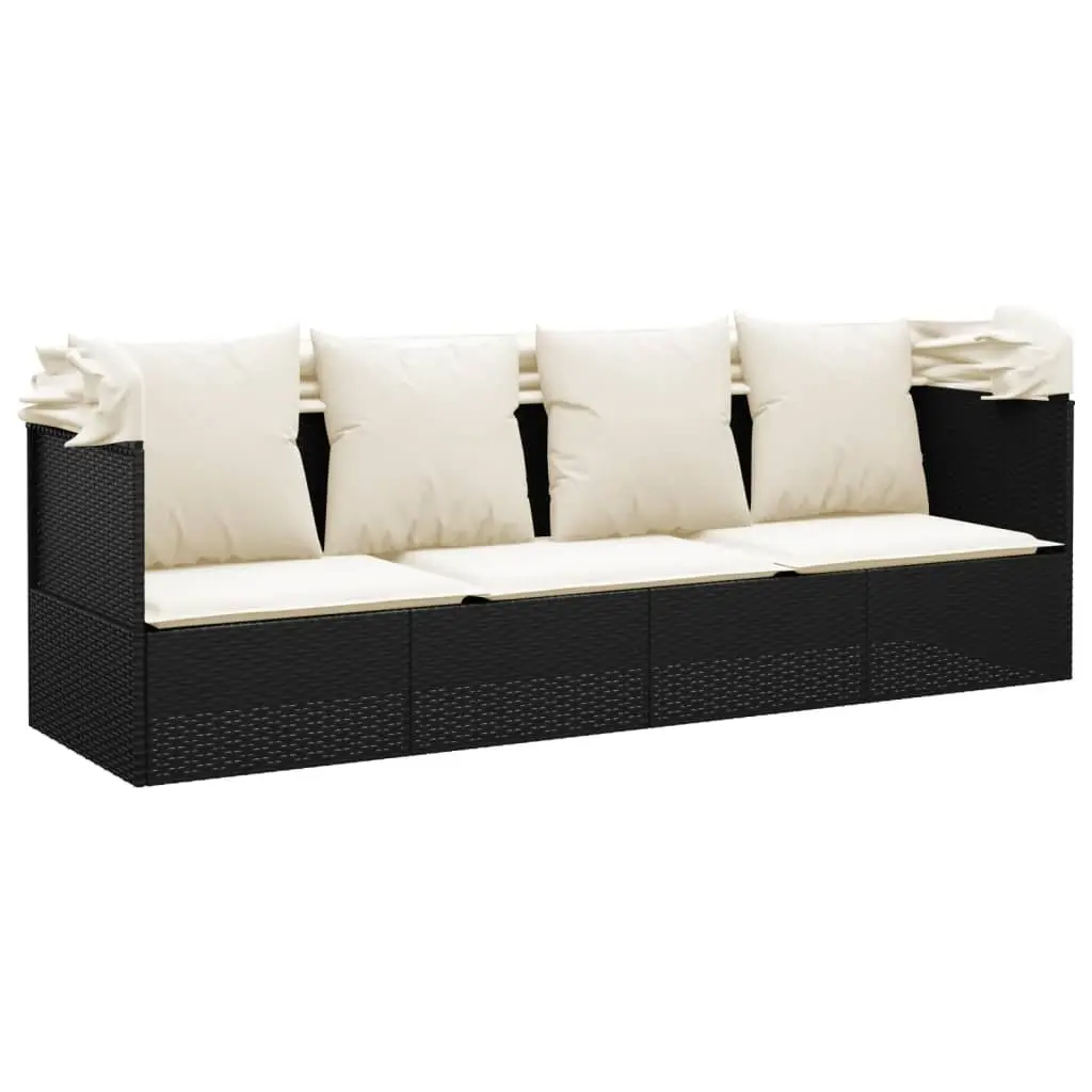 Outdoor Lounge Bed Sun Lounger with Adjustable Roof Cushions Black Poly Rattan