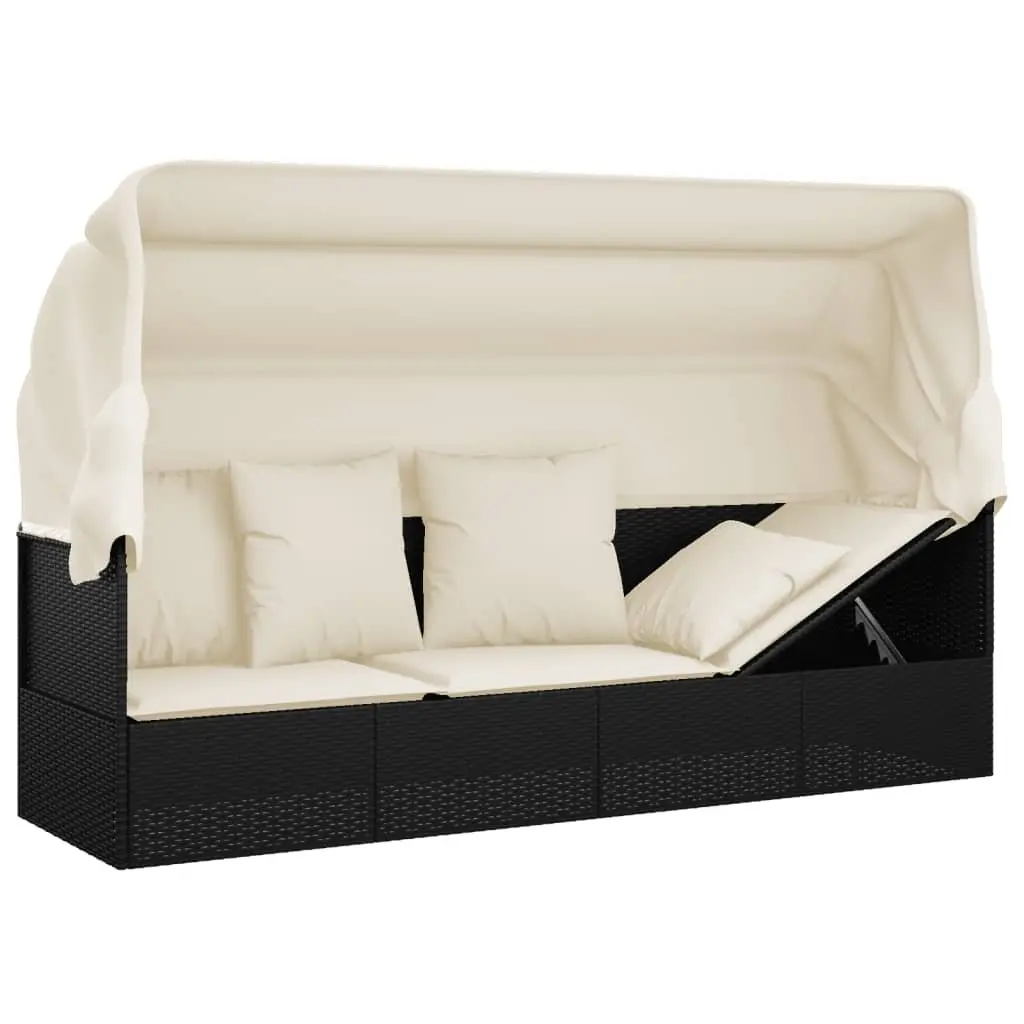 Outdoor Lounge Bed Sun Lounger with Adjustable Roof Cushions Black Poly Rattan