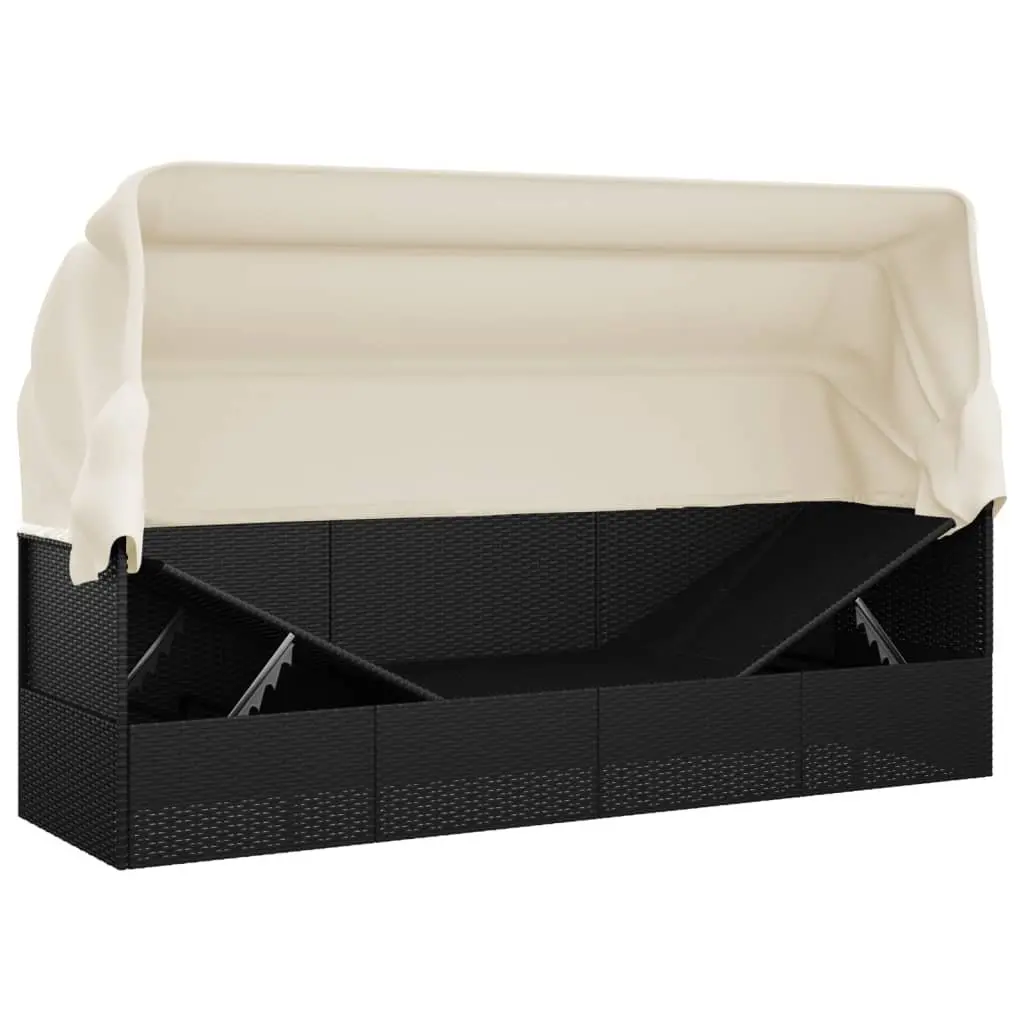Outdoor Lounge Bed Sun Lounger with Adjustable Roof Cushions Black Poly Rattan