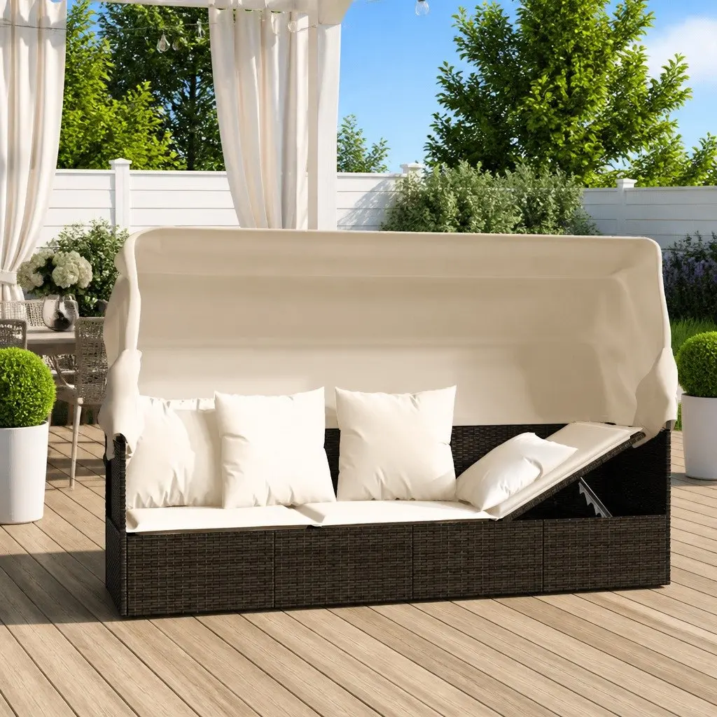 Outdoor Lounge Bed with Adjustable Roof and Cushions Brown Sun Lounger Rattan