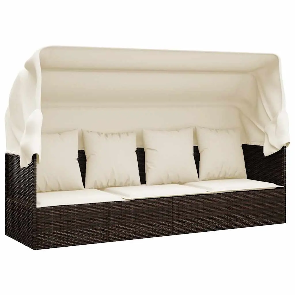 Outdoor Lounge Bed with Adjustable Roof and Cushions Brown Sun Lounger Rattan