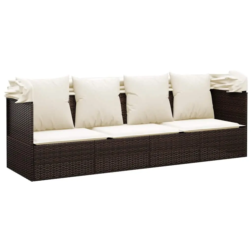Outdoor Lounge Bed with Adjustable Roof and Cushions Brown Sun Lounger Rattan