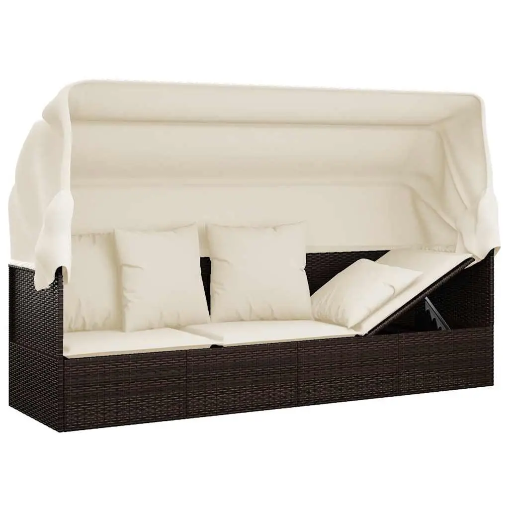 Outdoor Lounge Bed with Adjustable Roof and Cushions Brown Sun Lounger Rattan
