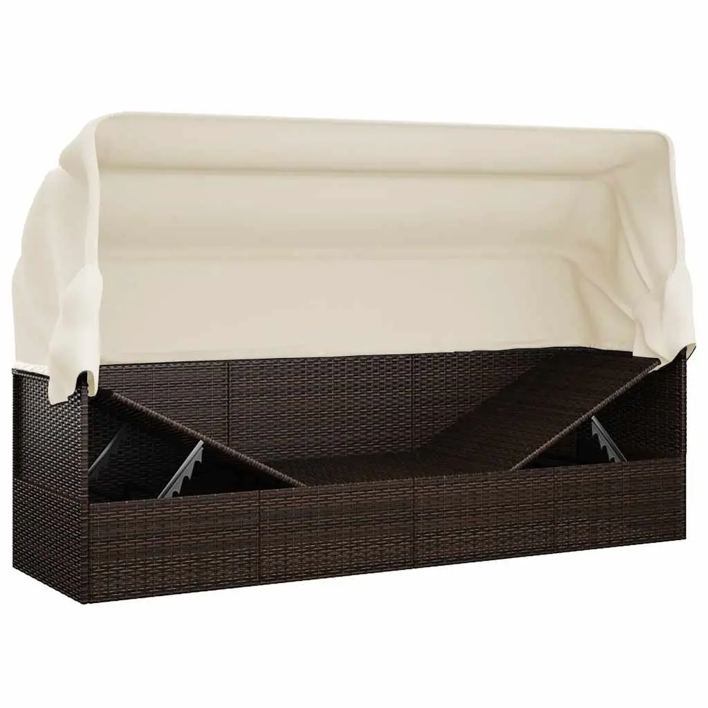 Outdoor Lounge Bed with Adjustable Roof and Cushions Brown Sun Lounger Rattan