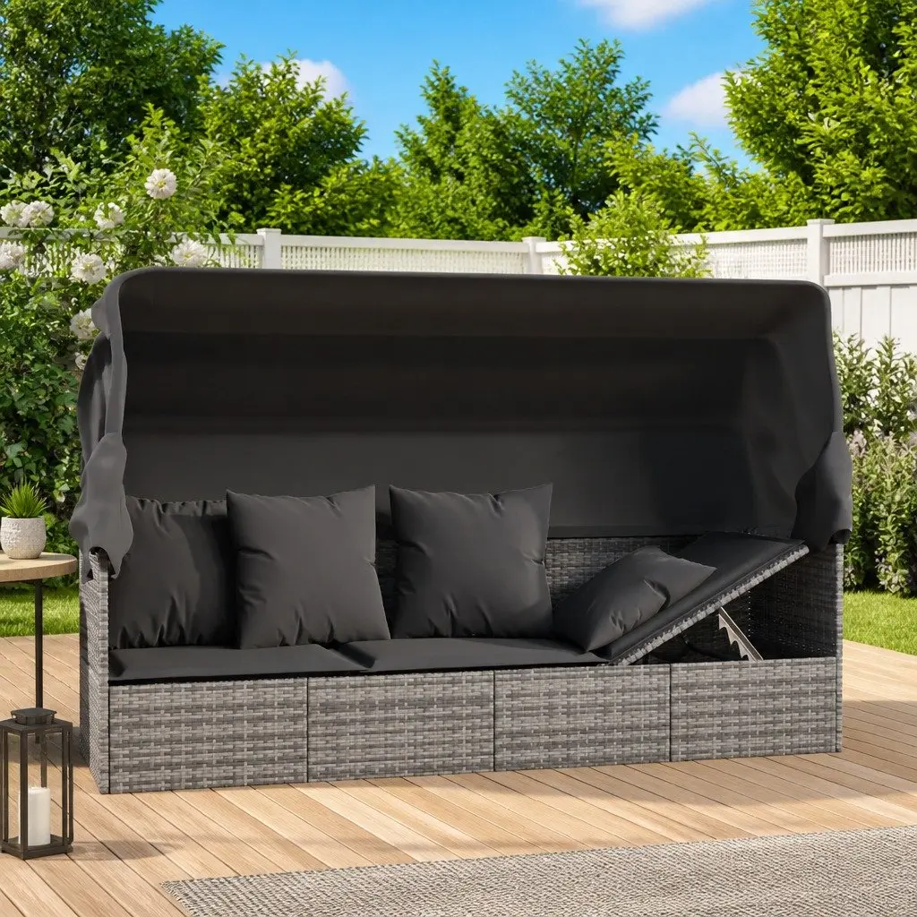Outdoor Lounge Bed Grey Poly Rattan Adjustable Canopy with Cushions