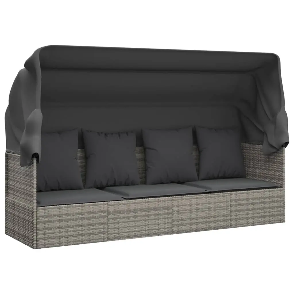 Outdoor Lounge Bed Grey Poly Rattan Adjustable Canopy with Cushions