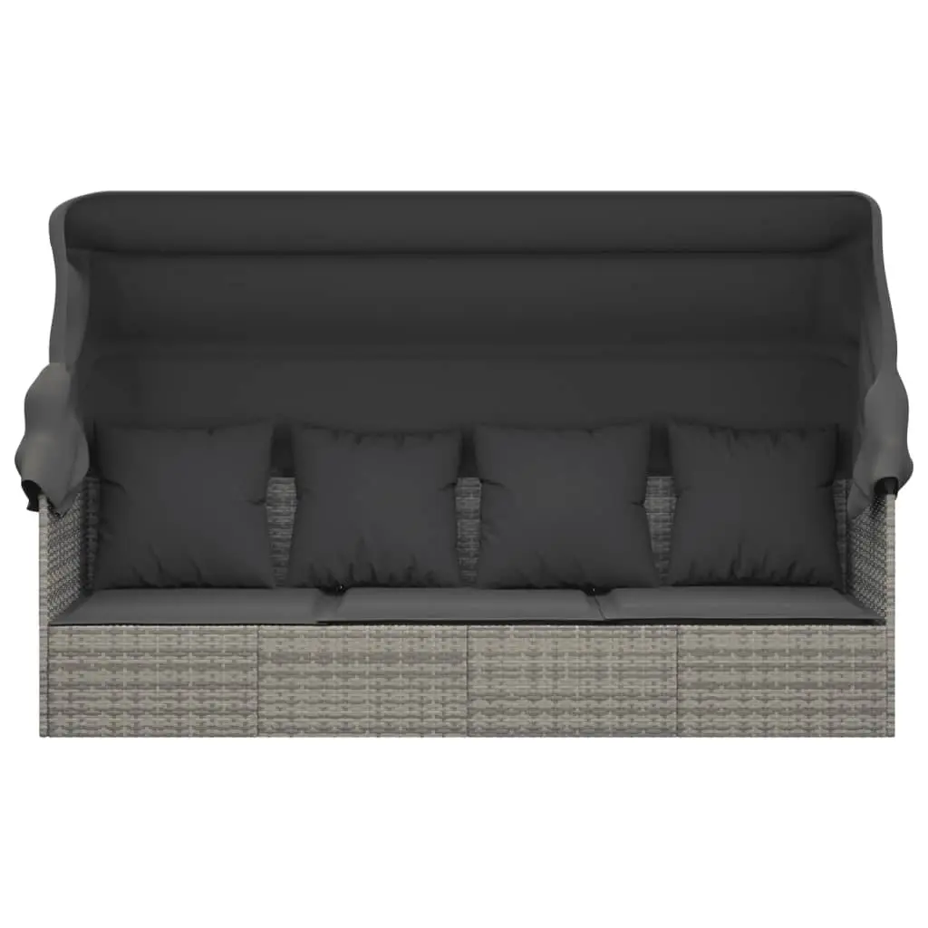 Outdoor Lounge Bed Grey Poly Rattan Adjustable Canopy with Cushions