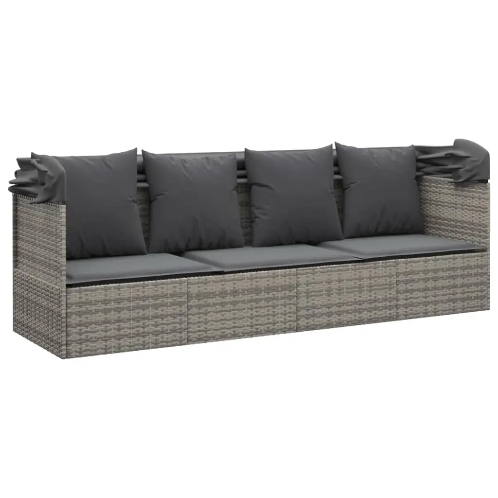Outdoor Lounge Bed Grey Poly Rattan Adjustable Canopy with Cushions