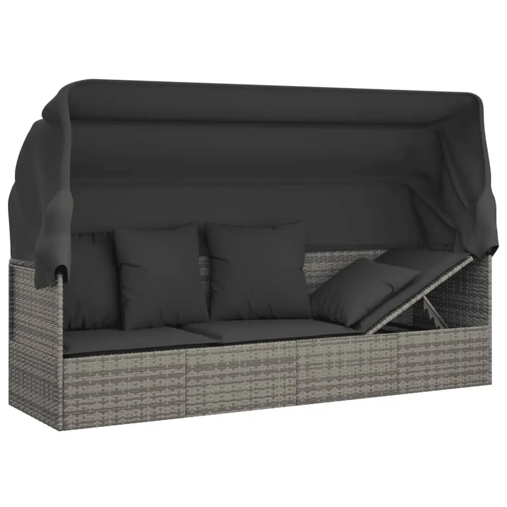 Outdoor Lounge Bed Grey Poly Rattan Adjustable Canopy with Cushions