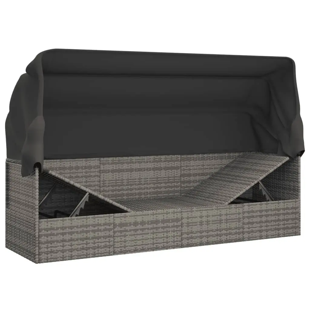 Outdoor Lounge Bed Grey Poly Rattan Adjustable Canopy with Cushions