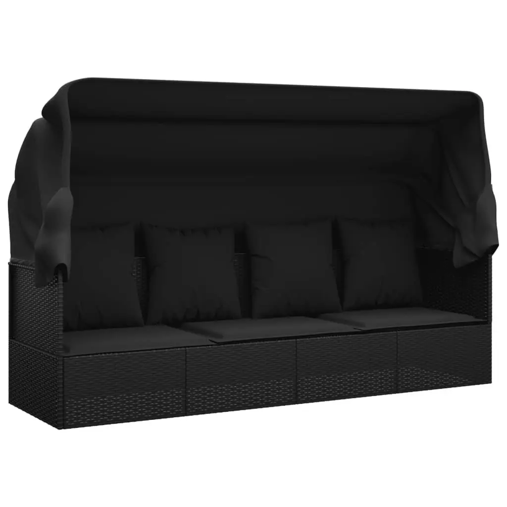 Outdoor Sun Lounge Bed Black Adjustable Roof Cushions Poly Rattan
