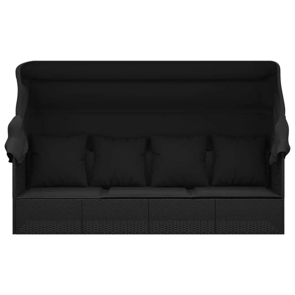 Outdoor Sun Lounge Bed Black Adjustable Roof Cushions Poly Rattan