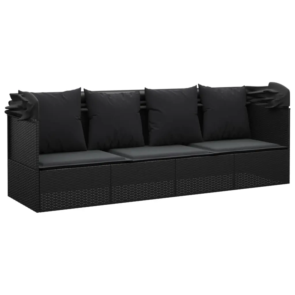 Outdoor Sun Lounge Bed Black Adjustable Roof Cushions Poly Rattan
