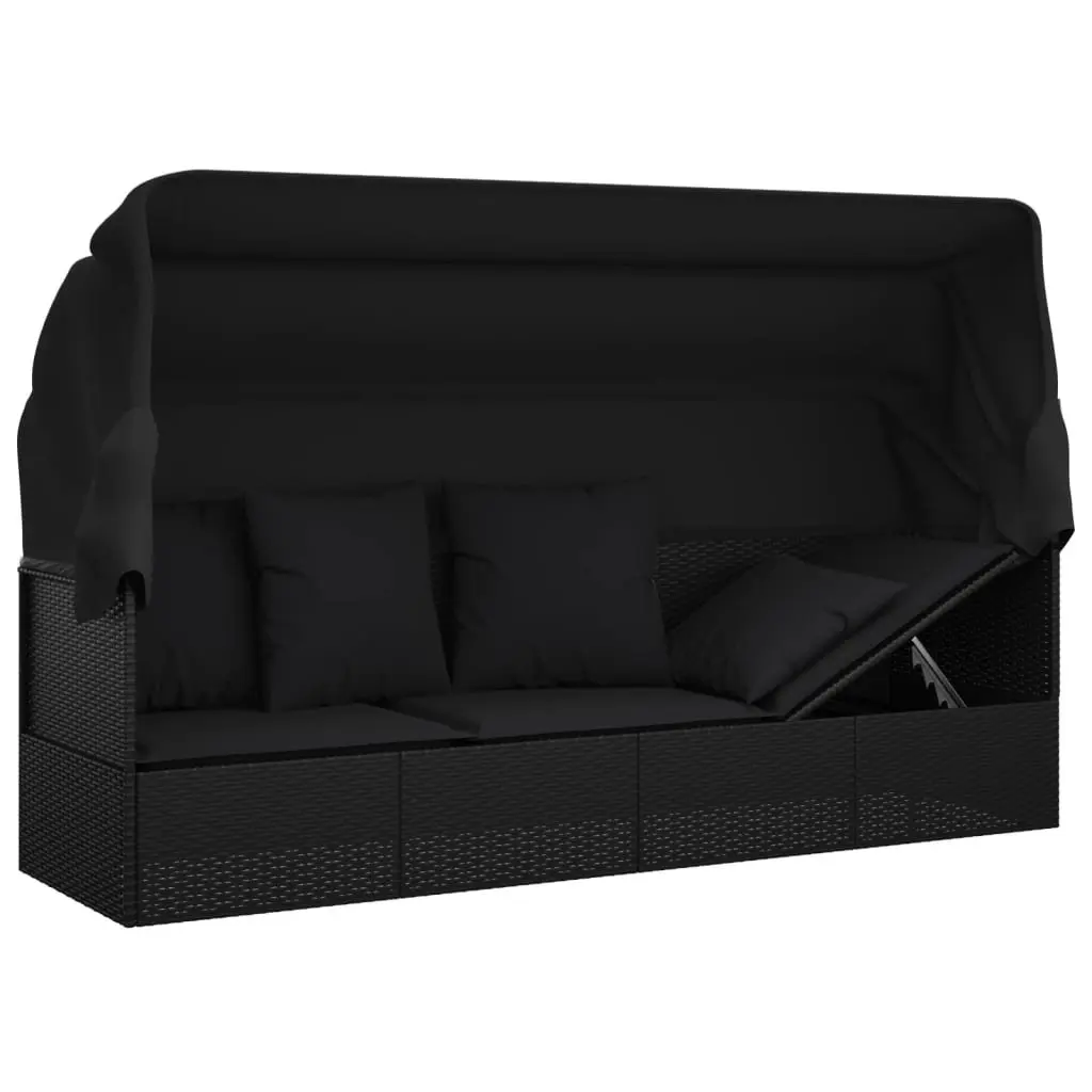 Outdoor Sun Lounge Bed Black Adjustable Roof Cushions Poly Rattan