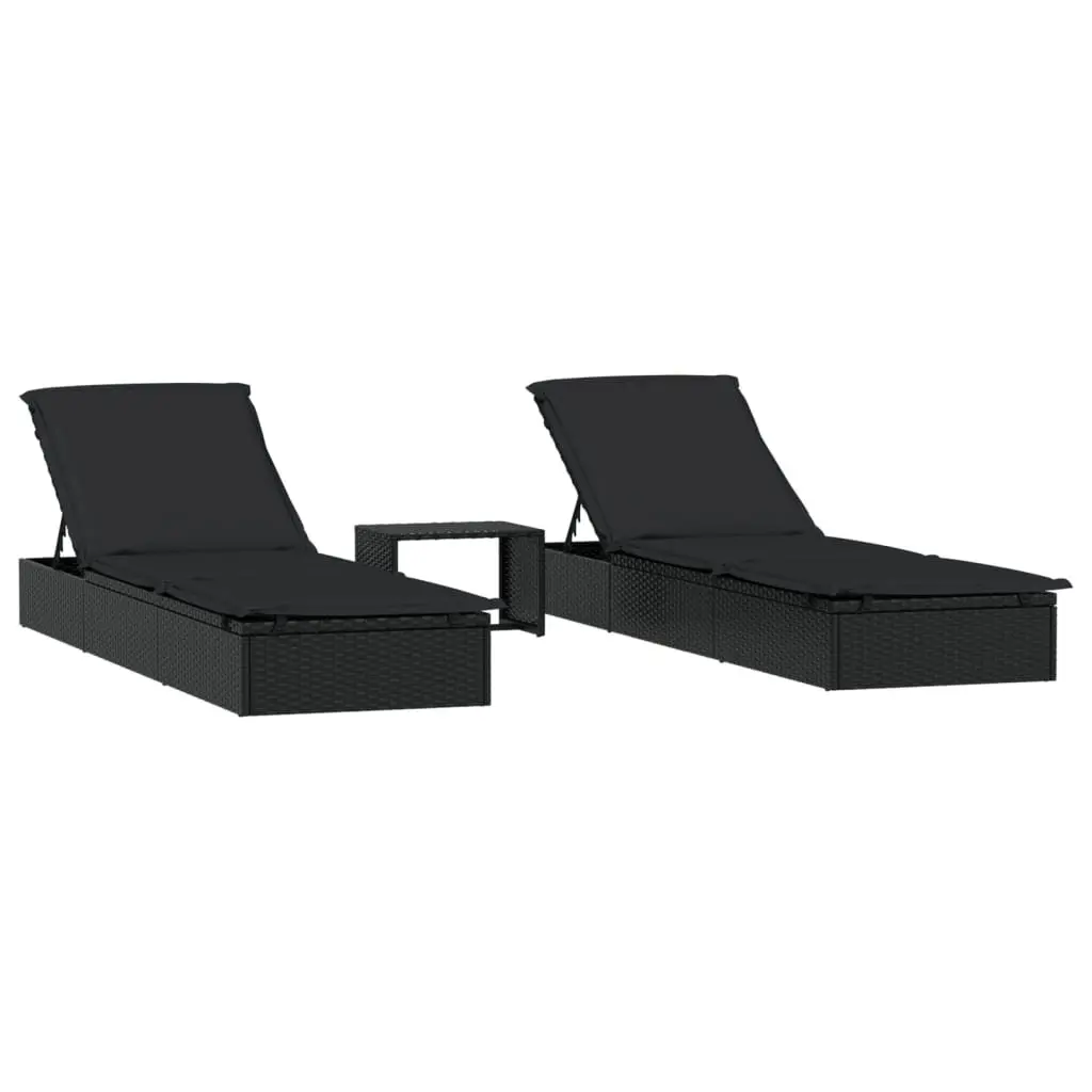Sun Loungers 2 pcs with Table Black Poly Rattan Outdoor Seating Adjustable