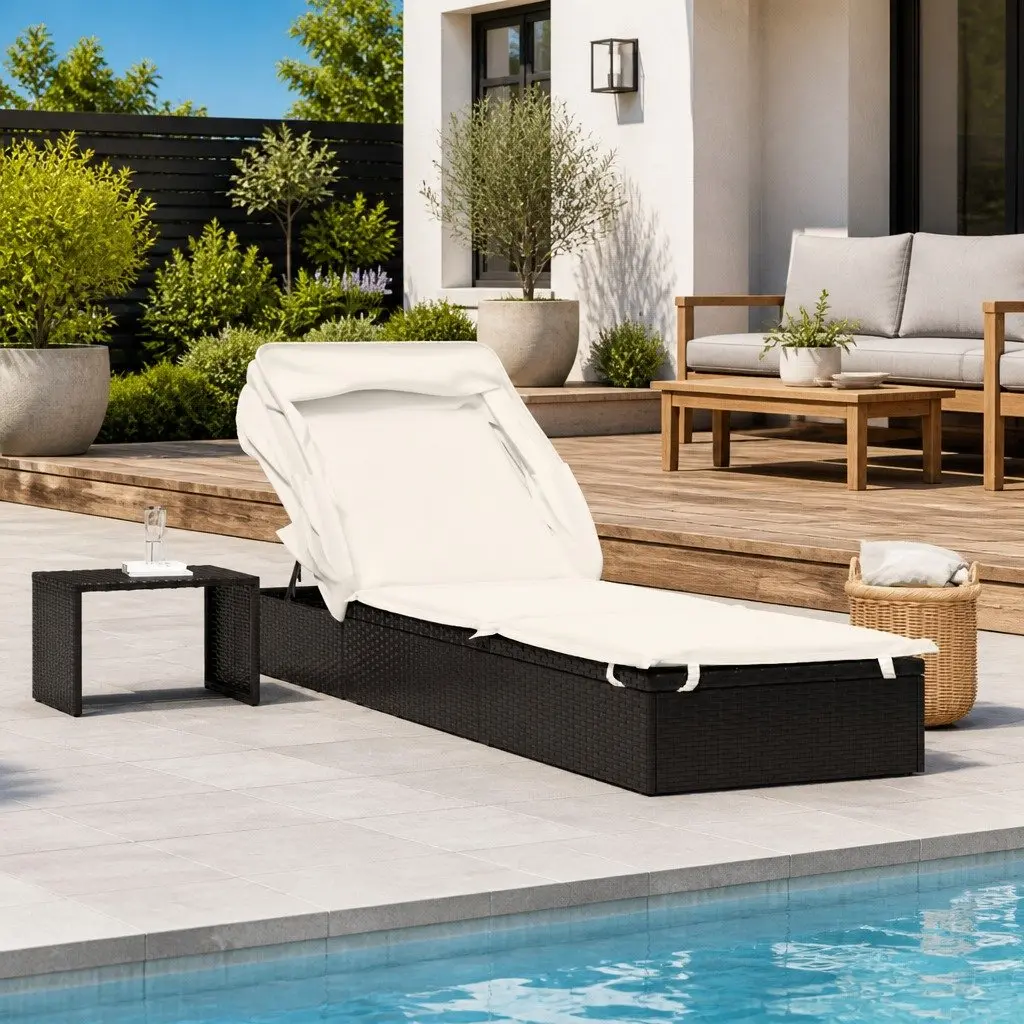 Sun Lounger Black Adjustable Foldable Roof Outdoor Garden Patio Recliner Chair