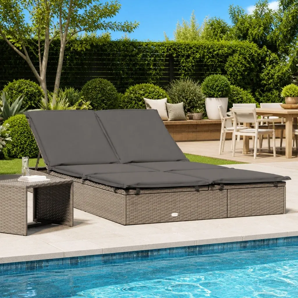 2-Person Sunbed with Cushions Grey Outdoor Sun Lounger Daybed Reclining