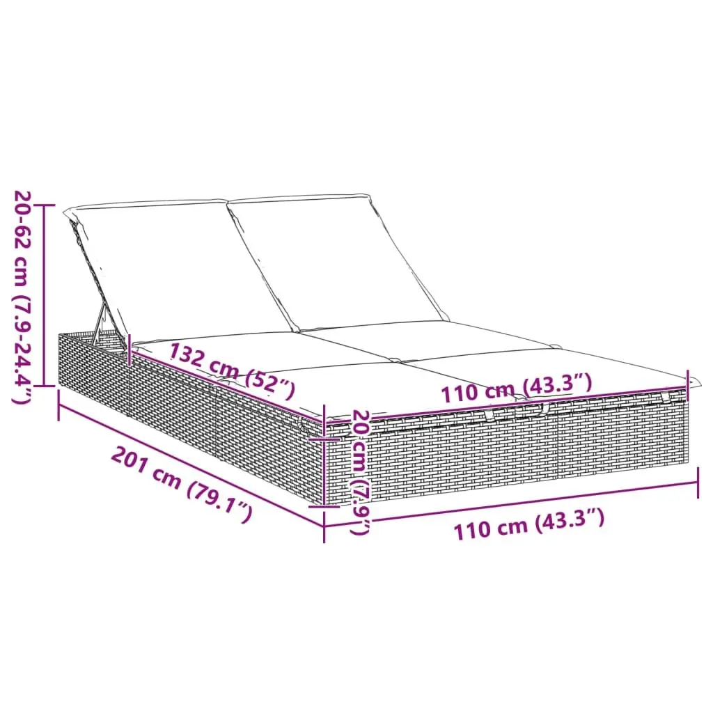 2-Person Sunbed with Cushions Grey Outdoor Sun Lounger Daybed Reclining