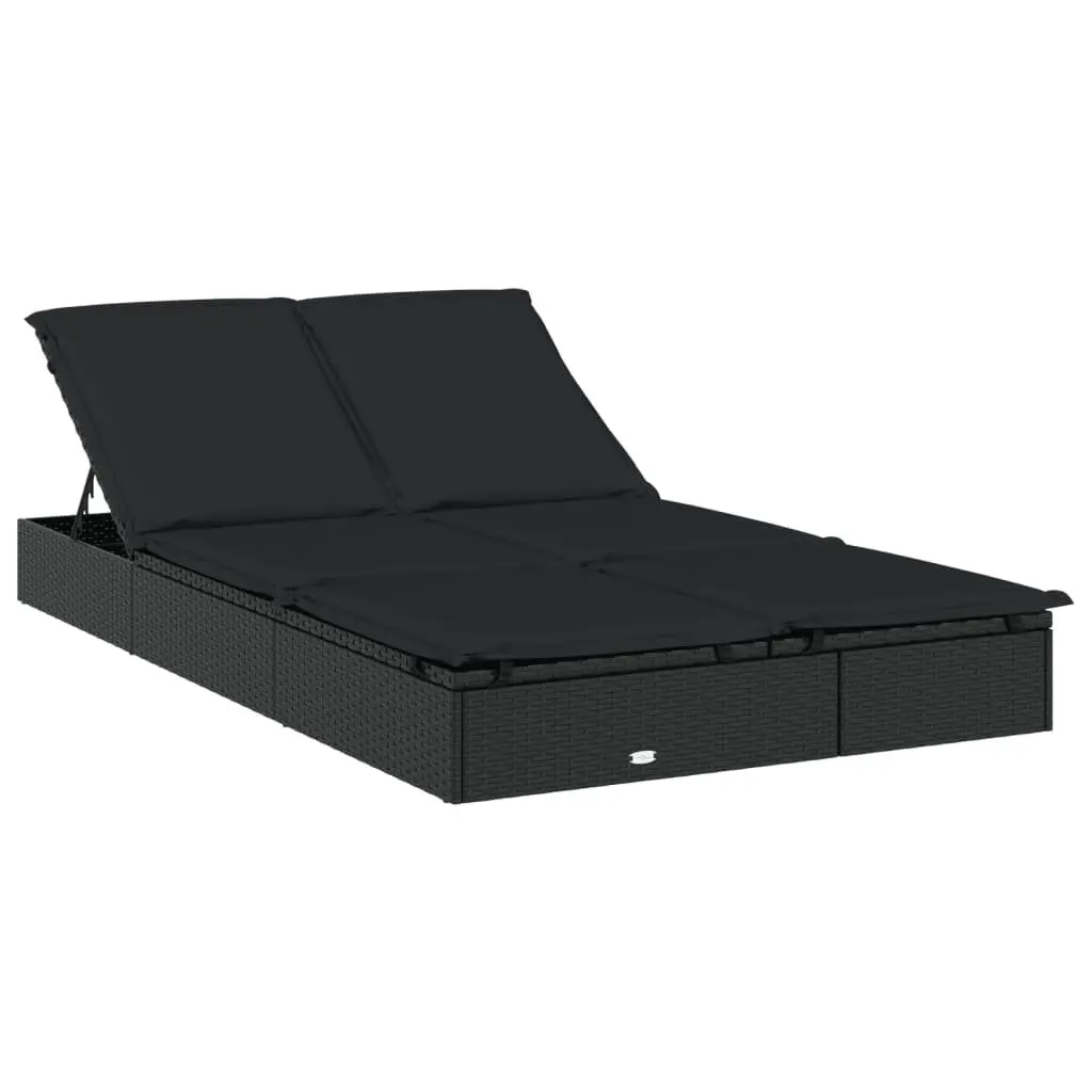 2-Person Sunbed Lounger Black Adjustable Cushions Poly Rattan