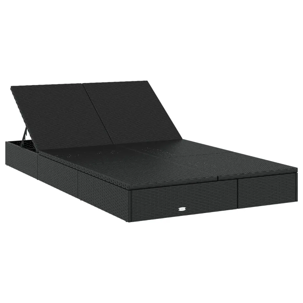 2-Person Sunbed Lounger Black Adjustable Cushions Poly Rattan