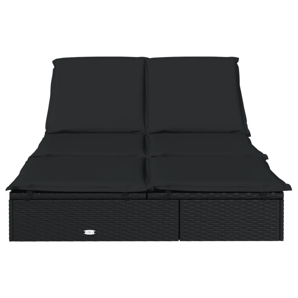 2-Person Sunbed Lounger Black Adjustable Cushions Poly Rattan