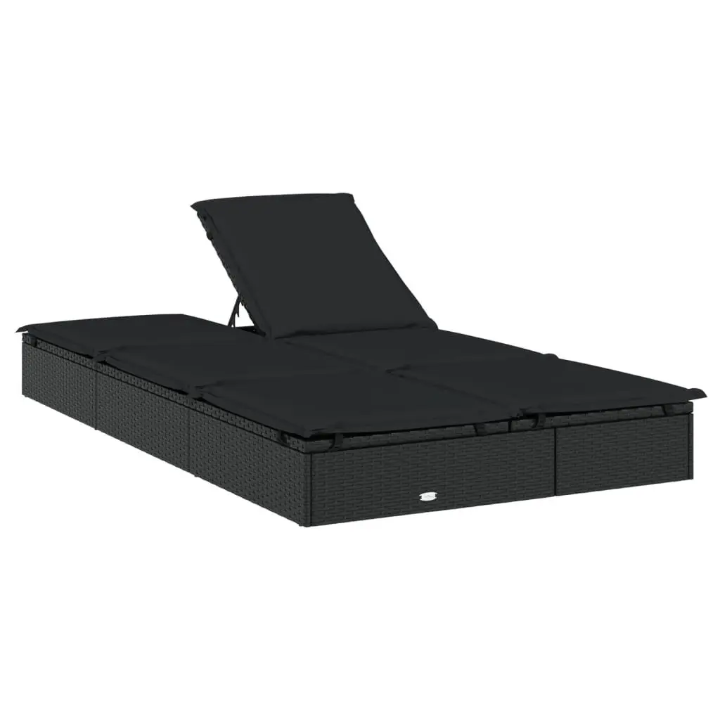 2-Person Sunbed Lounger Black Adjustable Cushions Poly Rattan