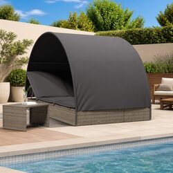2-Person Sun Lounger Daybed with Round Roof Grey Outdoor Seating Rattan