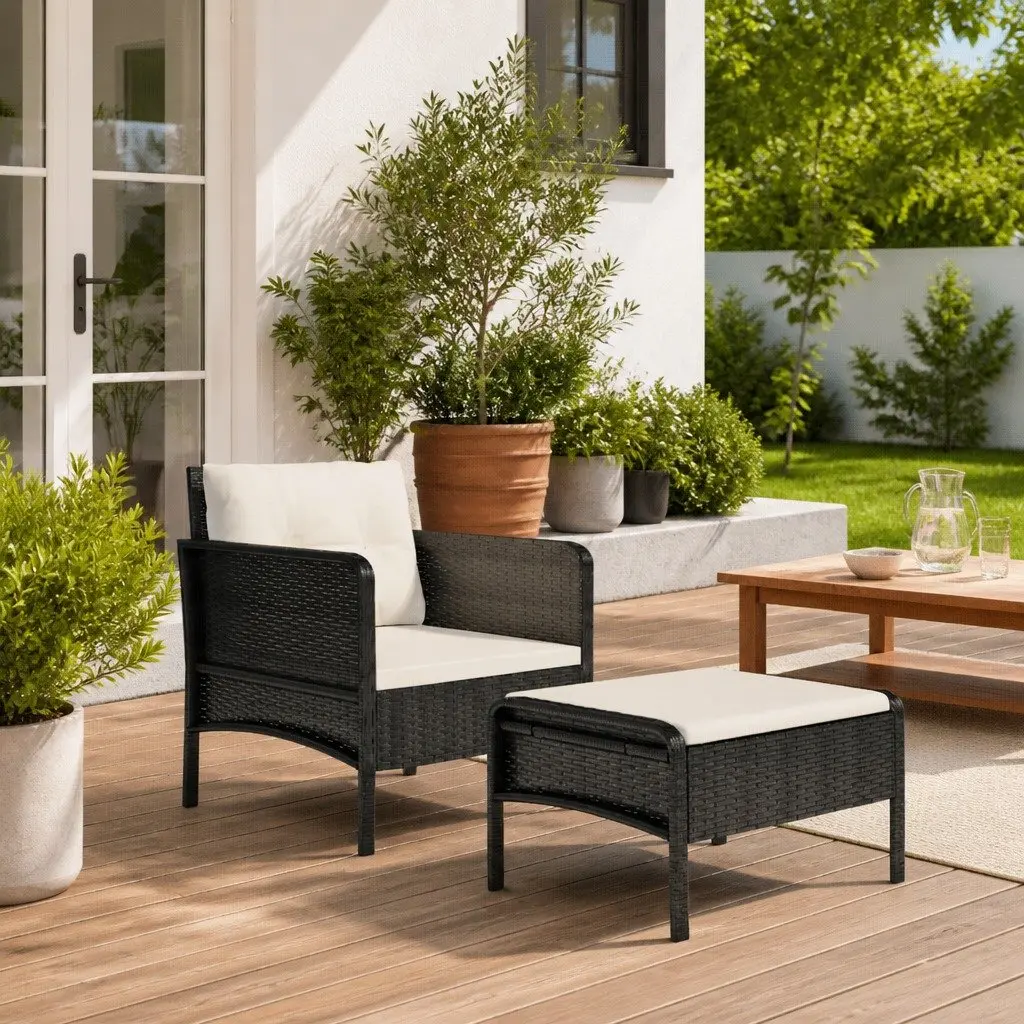 Garden Lounge Set 2 Piece Outdoor Furniture Black Poly Rattan with Cushions