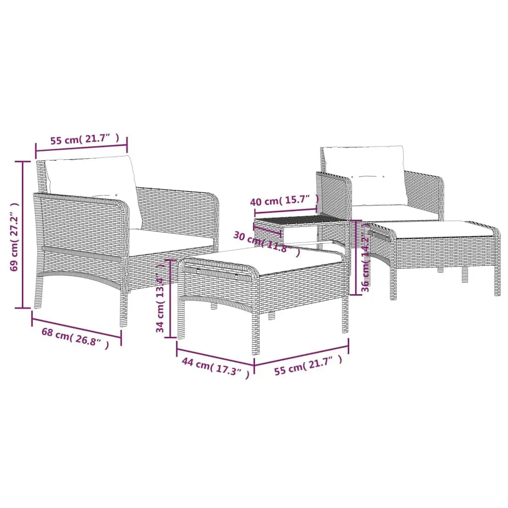 5 Piece Garden Lounge Set Grey Outdoor Furniture with Cushions and Coffee Table