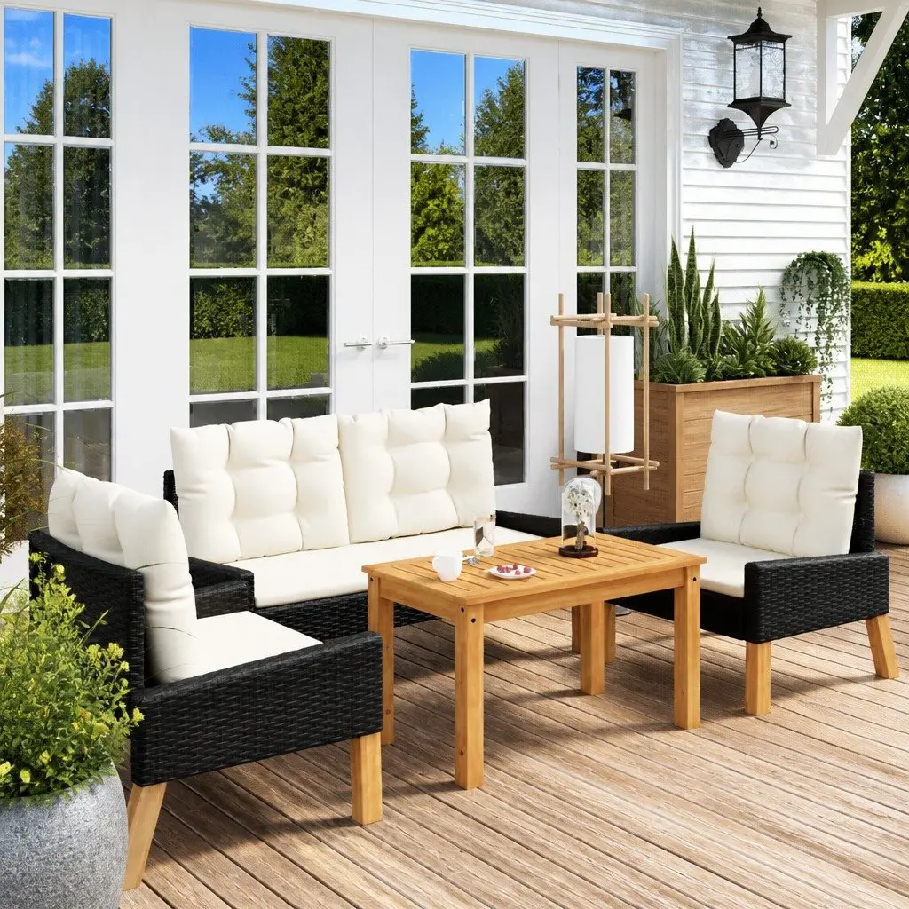 Garden Lounge Set 4 Piece Outdoor Furniture Poly Rattan Black with Cushions