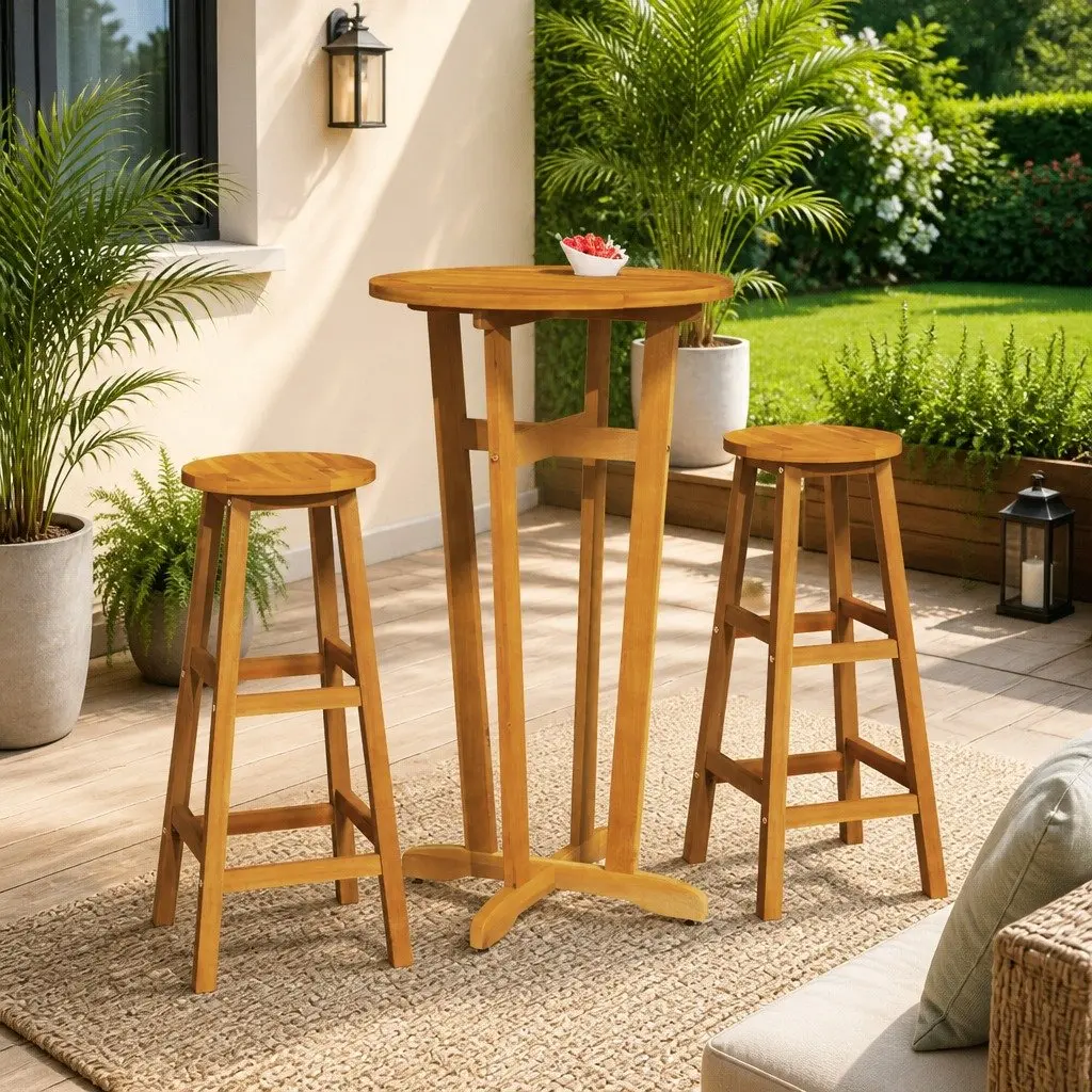 3 Piece Bar Set Brown Solid Acacia Wood Bistro Table Chairs Indoor Outdoor