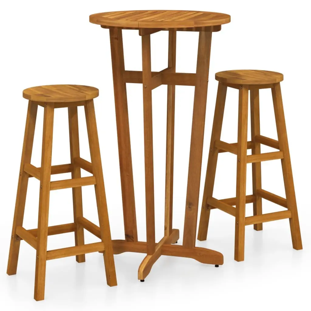 3 Piece Bar Set Brown Solid Acacia Wood Bistro Table Chairs Indoor Outdoor