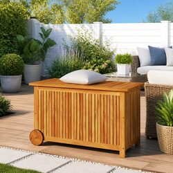 Garden Storage Box Wheels 90x50x58 cm Outdoor Wooden Furniture Deck Patio Acacia