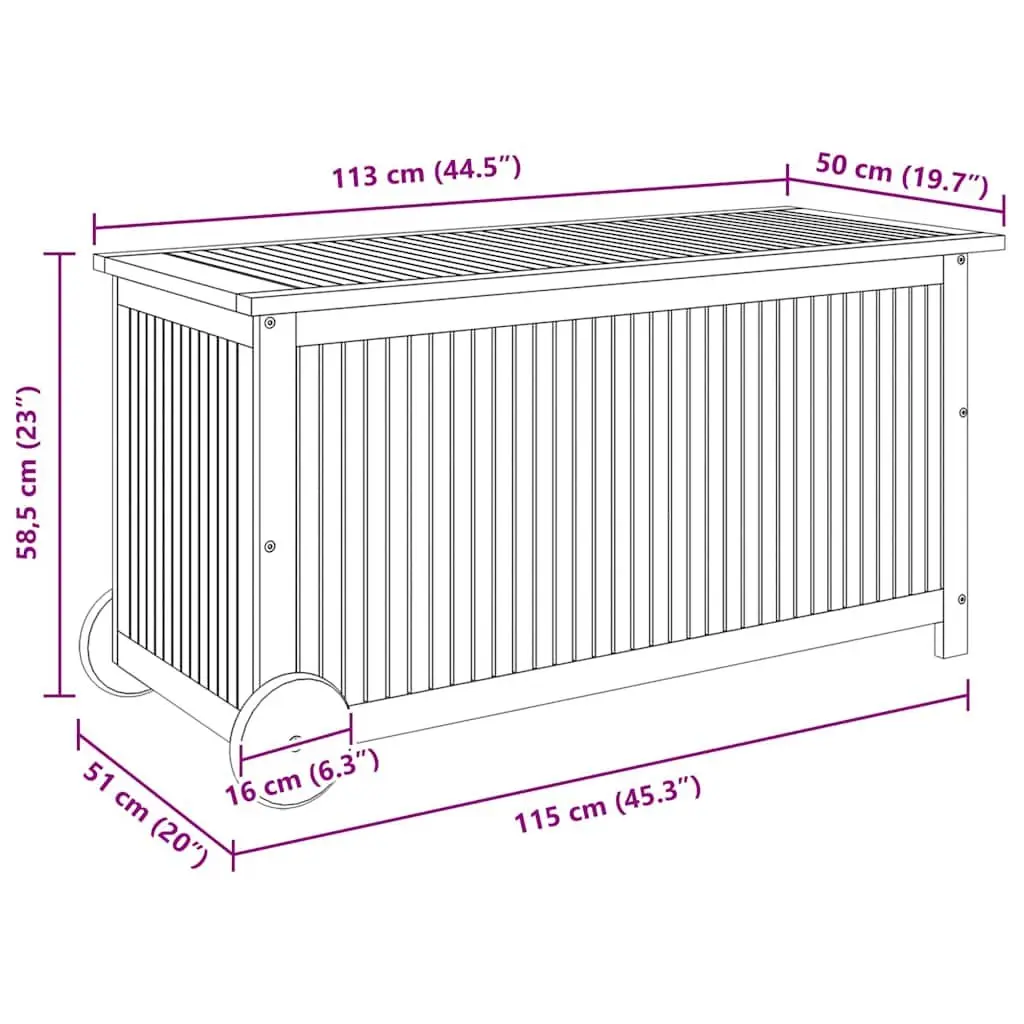 Garden Storage Box with Wheels Solid Wood Outdoor Cushion Deck Box 113x50x58cm